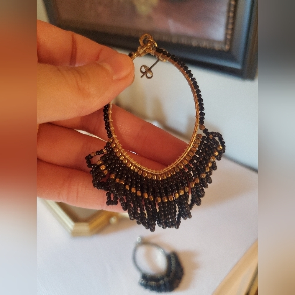 Black Beaded Fringe Earrings - Picture 2 of 3